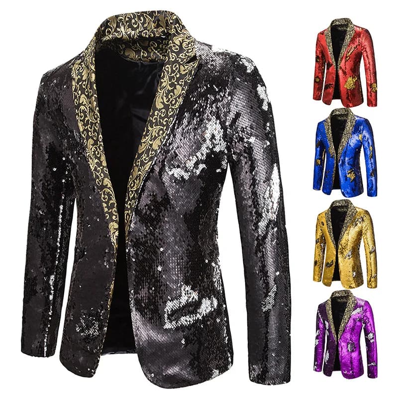 New Men Blazer Shiny Sequin Shawl Collar suit