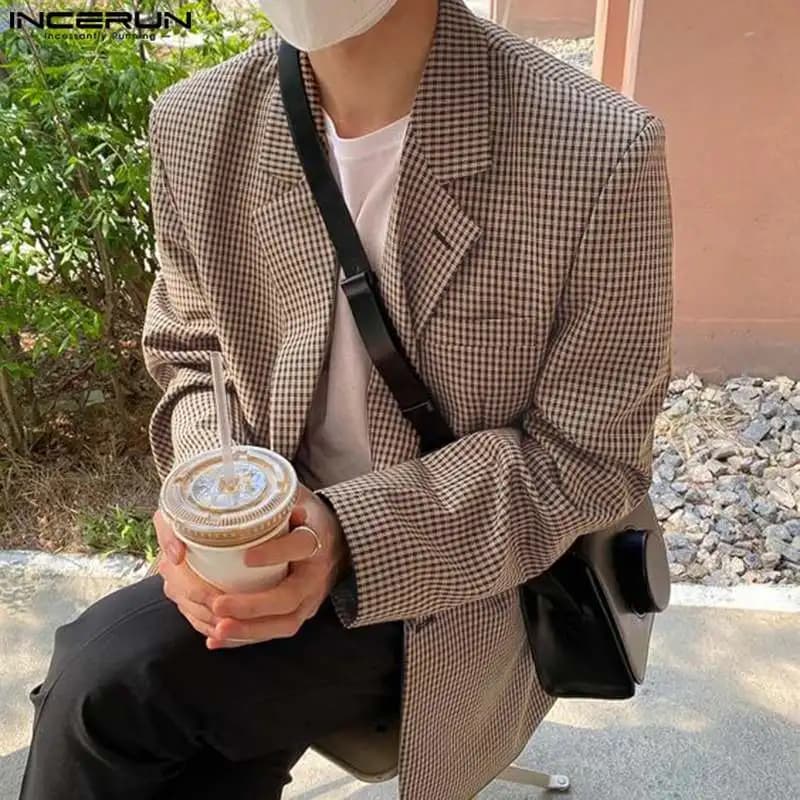 New  Men Plaid Blazer Lapel Long Sleeve Button Casual Streetwear Elegant Fashion