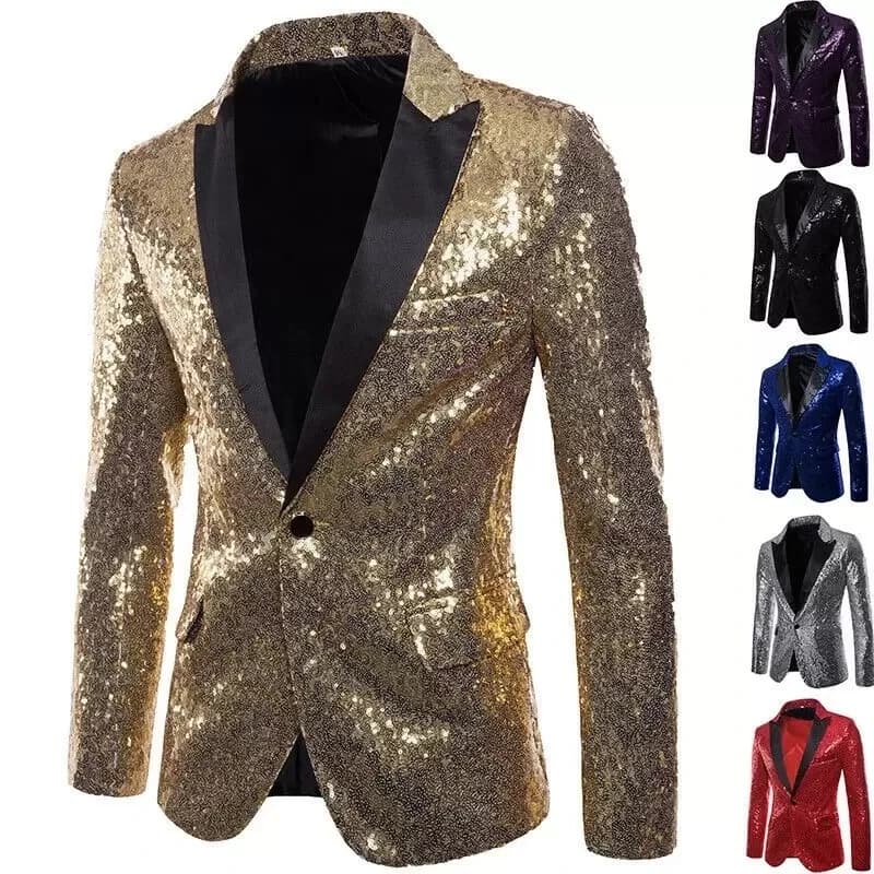New Formal Men Shiny Blazer Sequins Party Button