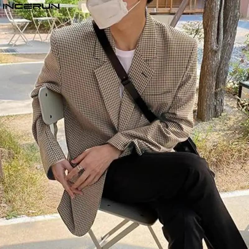 New  Men Plaid Blazer Lapel Long Sleeve Button Casual Streetwear Elegant Fashion