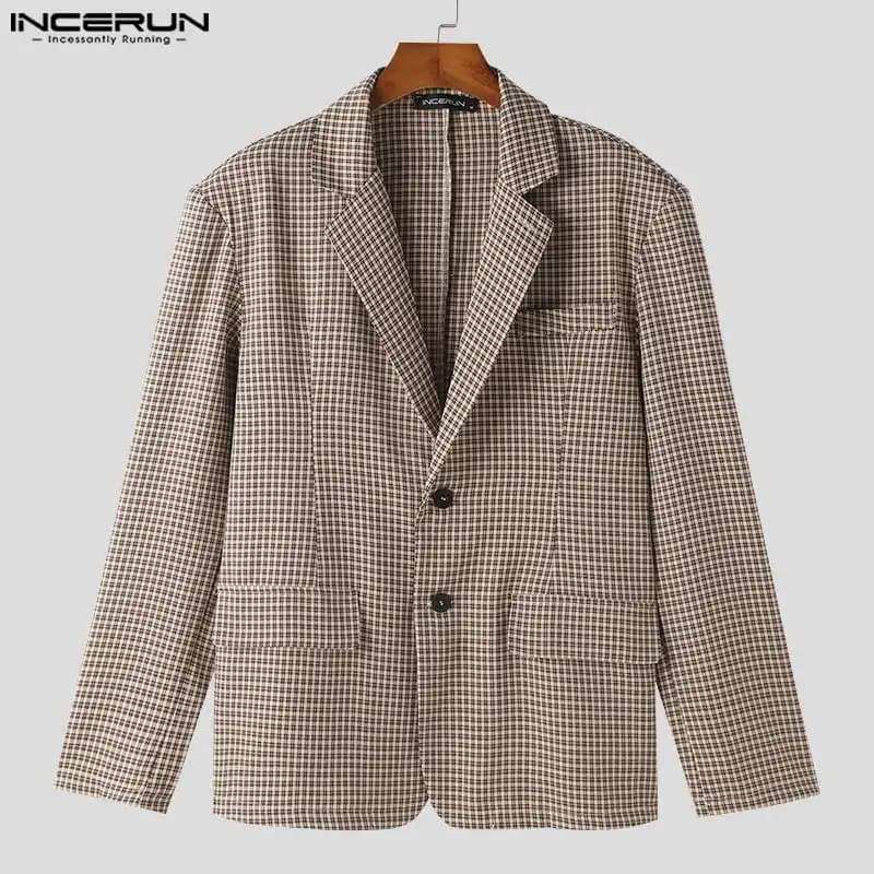New  Men Plaid Blazer Lapel Long Sleeve Button Casual Streetwear Elegant Fashion