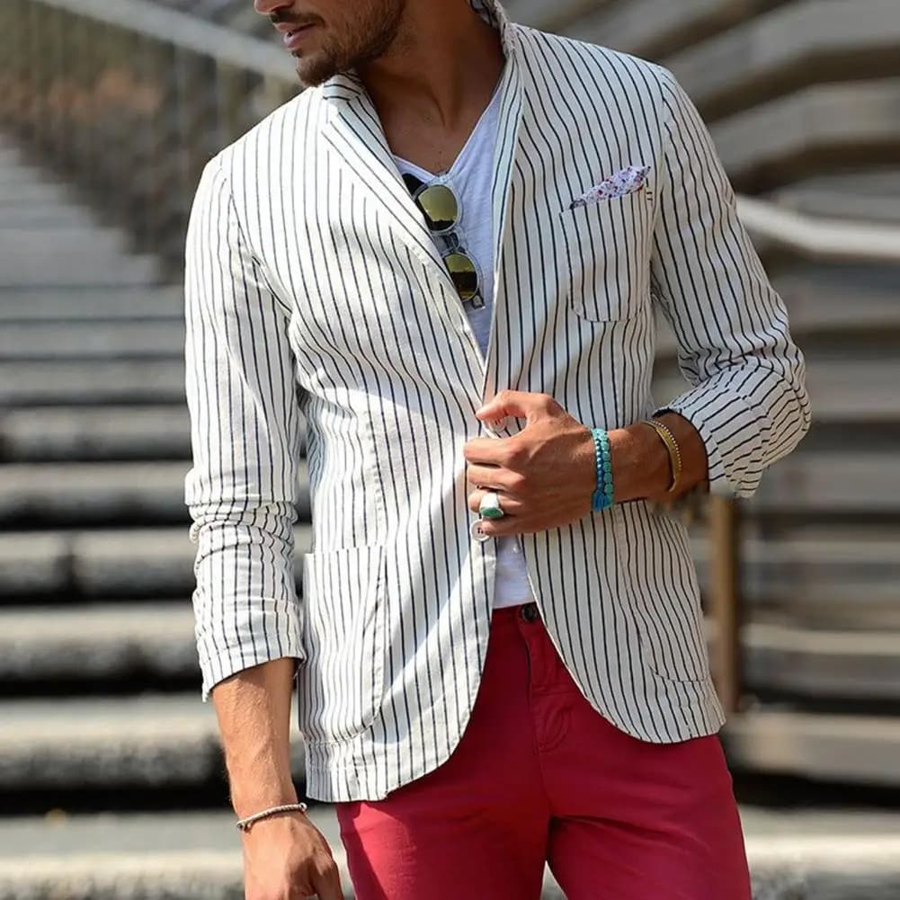 New Striped Print Jacket Men Lapel Long Sleeve