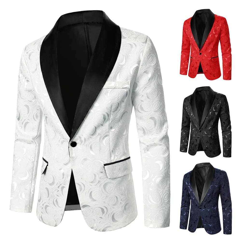 New Men Rose Pattern Bright Jacquard Fabric Blazer