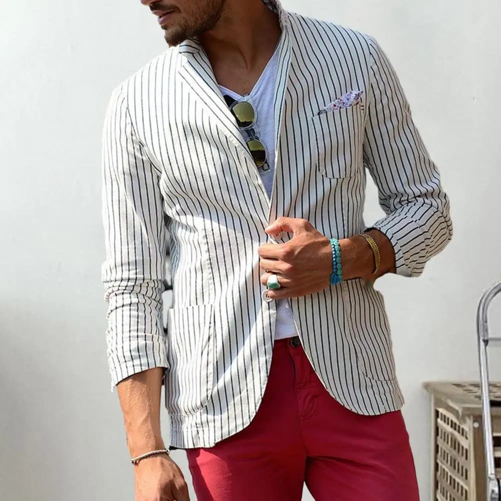 New Striped Print Jacket Men Lapel Long Sleeve