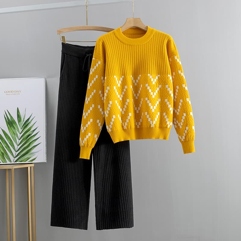 Women Sweater Tracksuit Two Piece Knitted Sets Jacquard Tracksuit Chic Pullover Crewneck Long Sleeve Top Wide Leg Pants 2020