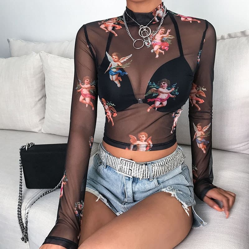 Women T Shirt Transparent Mesh Top Long Sleeve Sheer Slim Ladies Turtleneck T Shirt New Arrival Women t shirt