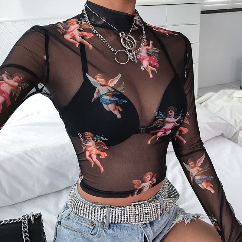 Women T Shirt Transparent Mesh Top