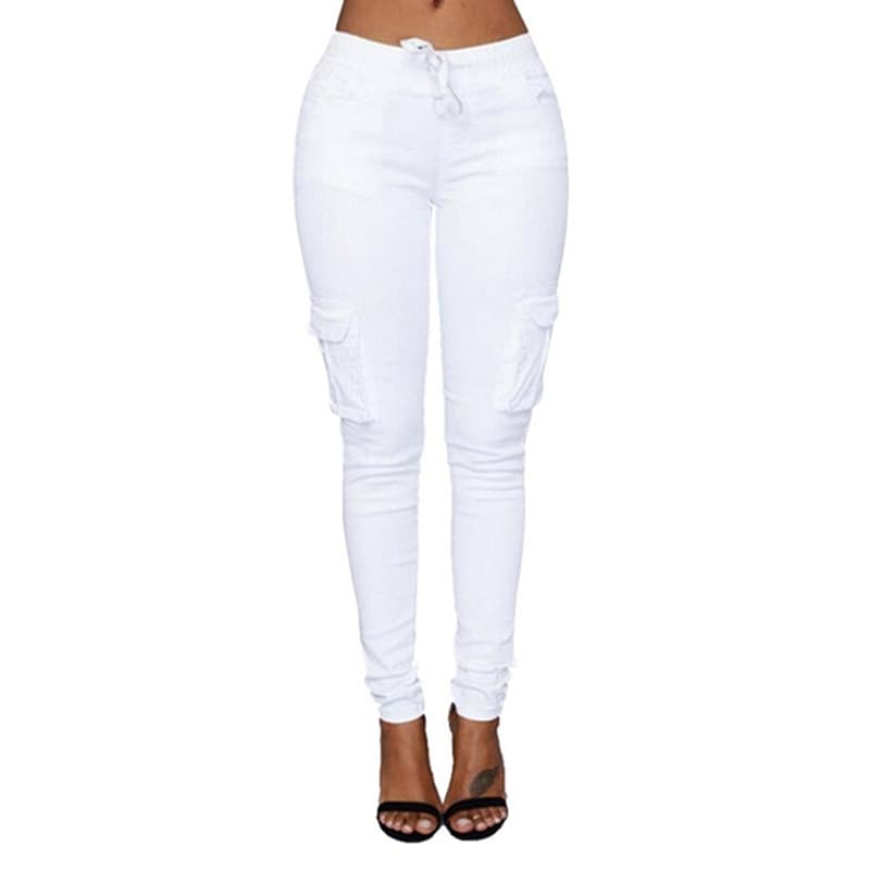 Spring Lace Up Waist Casual Women Pants Solid Pencil Pants Multi-Pockets Straight Slim Fit Trousers S-2XL