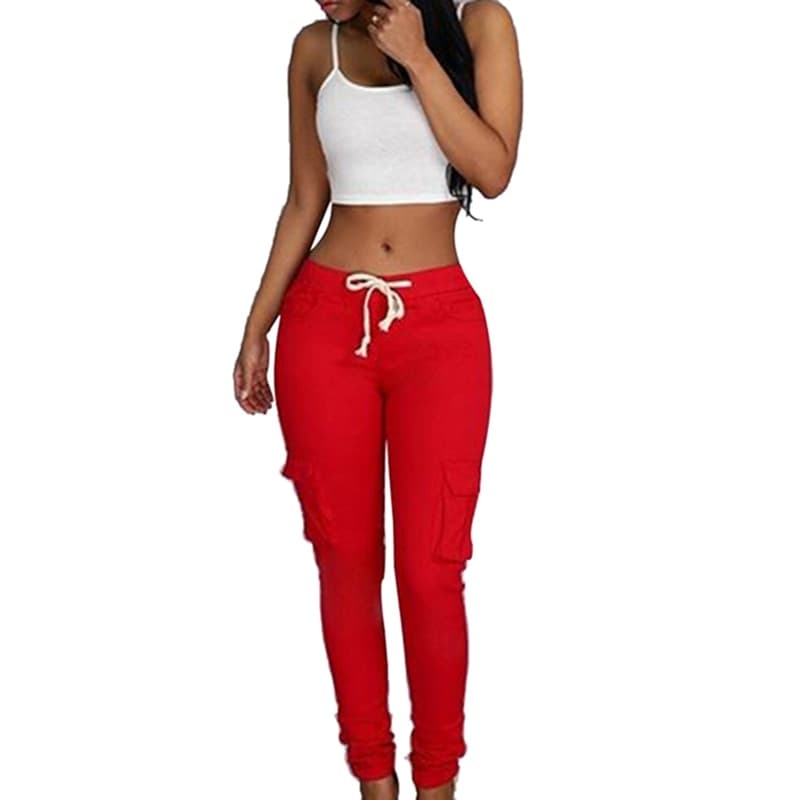 Spring Lace Up Waist Casual Women Pants Solid Pencil Pants Multi-Pockets Straight Slim Fit Trousers S-2XL