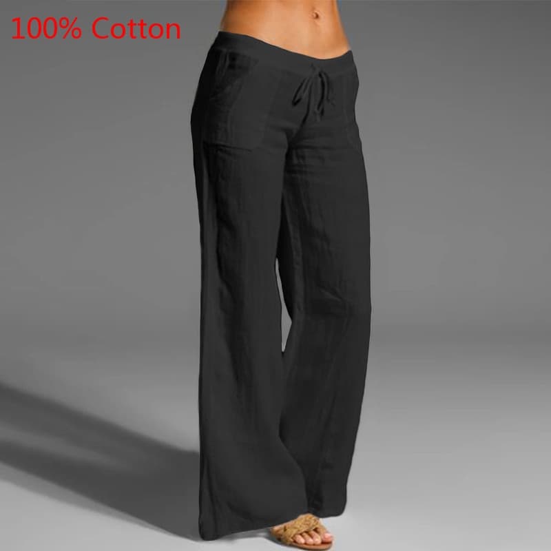 Oversized Women Vintage Wide Leg Pant Summer Linen Palazzo Fashion Long Trouser Casual Elastic Waist Solid Pantalon