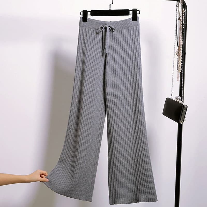 Spring Autumn Knitted Wide Leg Pants Women Korean Solid Pit Ankle-length Pants Elastic Waist Lace Up Pants Sweatpants