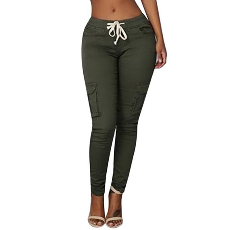 Spring Lace Up Waist Casual Women Pants Solid Pencil Pants Multi-Pockets Straight Slim Fit Trousers S-2XL