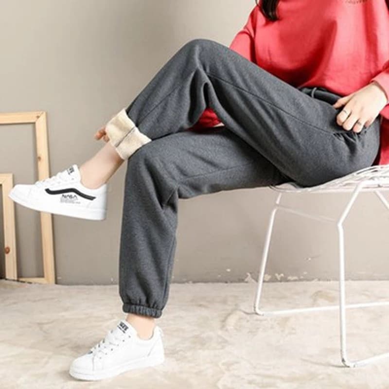 Women Fleece Pants Solid Colour Thick Plush Warm Trousers Female Casual Drawstring Workout Leggings Loose Sweatpants