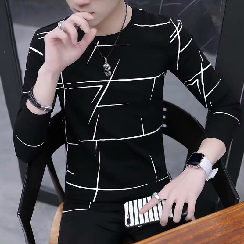 Men Autumn Winter T Shirt  Men Long Sleeve T shirt Stripe Shirt New T Shirts O Neck Casual Pink White Black