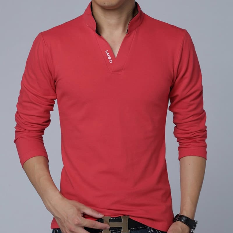 Men Spring Cotton T Shirt Solid Color T shirt Mandarin Collar Long Sleeve Top Men Brand Slim Fit Tee Shirts 5XL