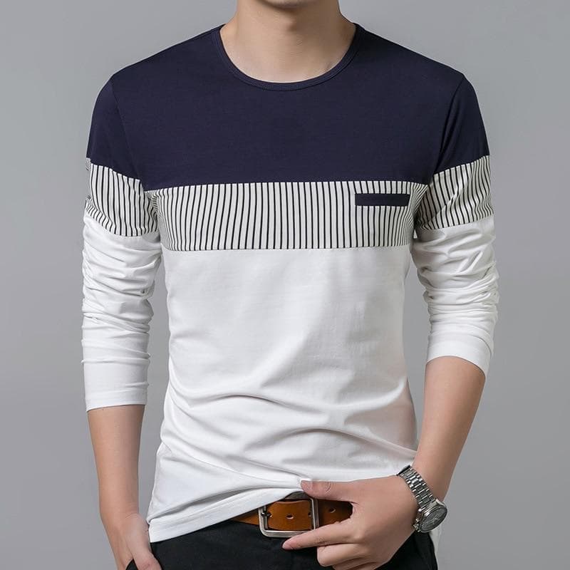 New Men Cotton T Shirt Long Sleeve O Neck Striped Mens T Shirts Fashion Patchwork Causal Slim Fit T Shirt Man Brand Men Clothing