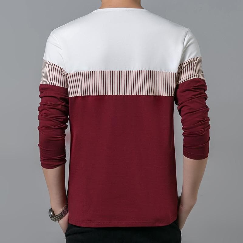 New Men Cotton T Shirt Long Sleeve O Neck Striped Mens T Shirts Fashion Patchwork Causal Slim Fit T Shirt Man Brand Men Clothing