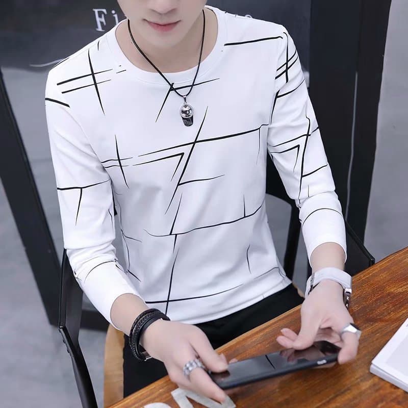 Men Autumn Winter T Shirt  Men Long Sleeve T shirt Stripe Shirt New T Shirts O Neck Casual Pink White Black