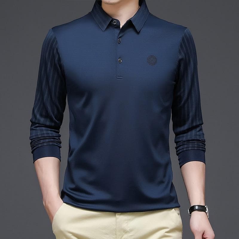Men Casual Spring and Autumn T Shirt Turn down Collar Solid Color Striped Long Sleeve Design Men T shirt Slim Long Tops