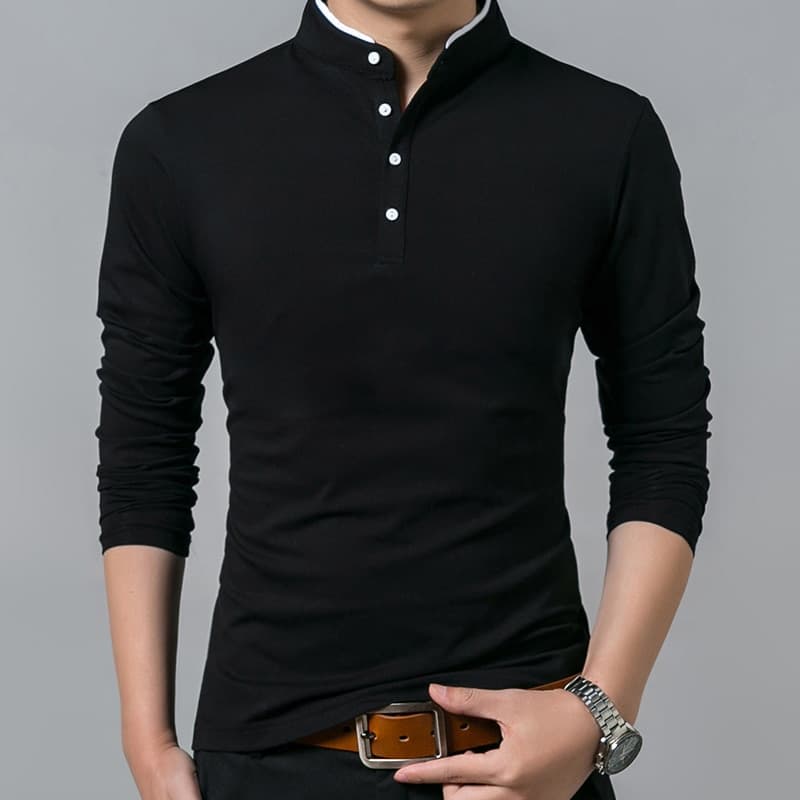 Men Cotton Mandarin Collar T Shirt Full Sleeve t shirt Men Solid Color T shirts Long Shirt