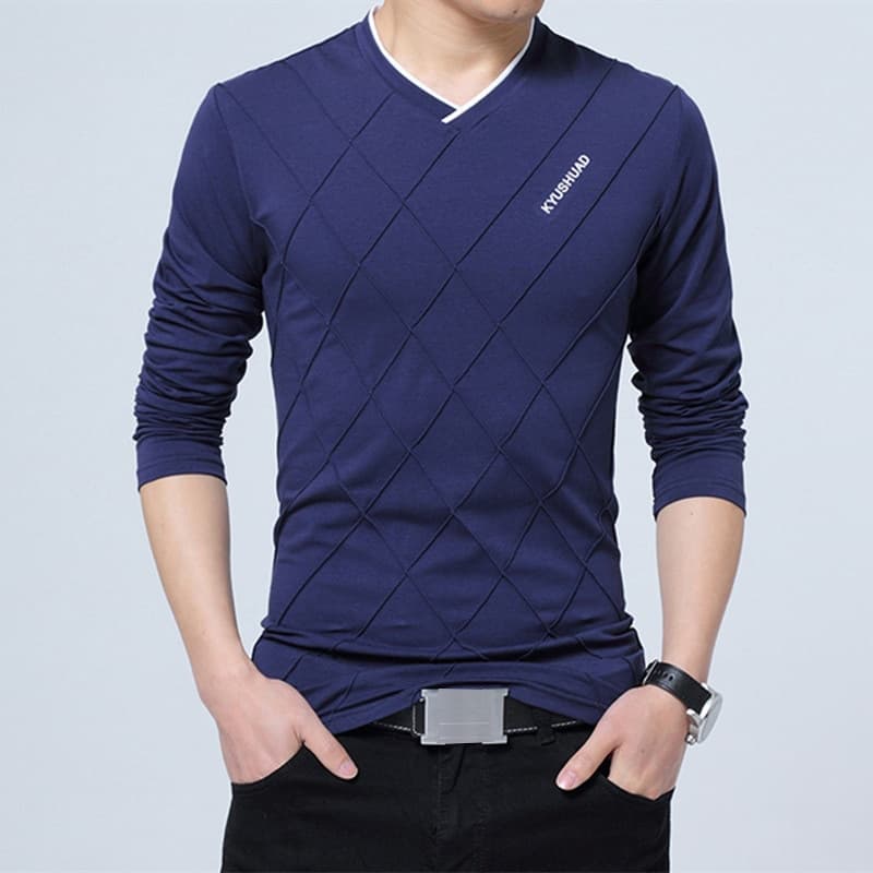 Fashion Men Slim Fit T shirt Custom Crease Design Long Stylish Luxury V Neck Fitness T shirt
