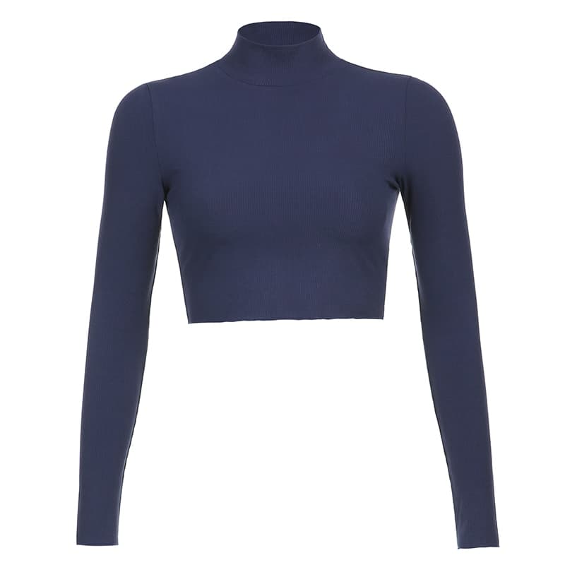 Women Solid Turtleneck Cropped T Shirt Autumn Casual Long Sleeve T shirt Ladies Skinny Basic Shirt