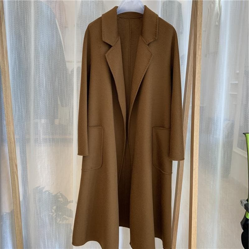 New Women Winter Cashmere Coat Dress Women Mid Length Wool Coat Water Ripples Autumn 20% Cashmere Camel Coat With Black Coat Commuting