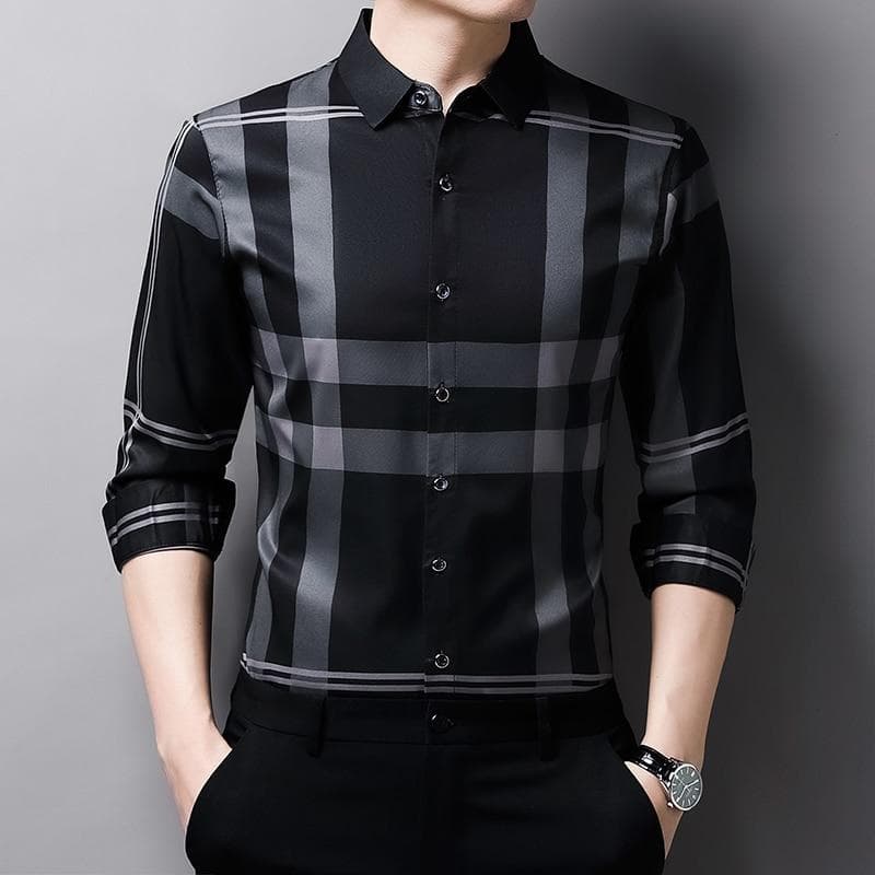 New High Quality Men Slim Fit Silk Dress Shirt Spring Long Sleeve Casual Plaid Shirts
