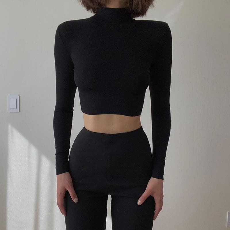 Women Solid Turtleneck Cropped T Shirt Autumn Casual Long Sleeve T shirt Ladies Skinny Basic Shirt
