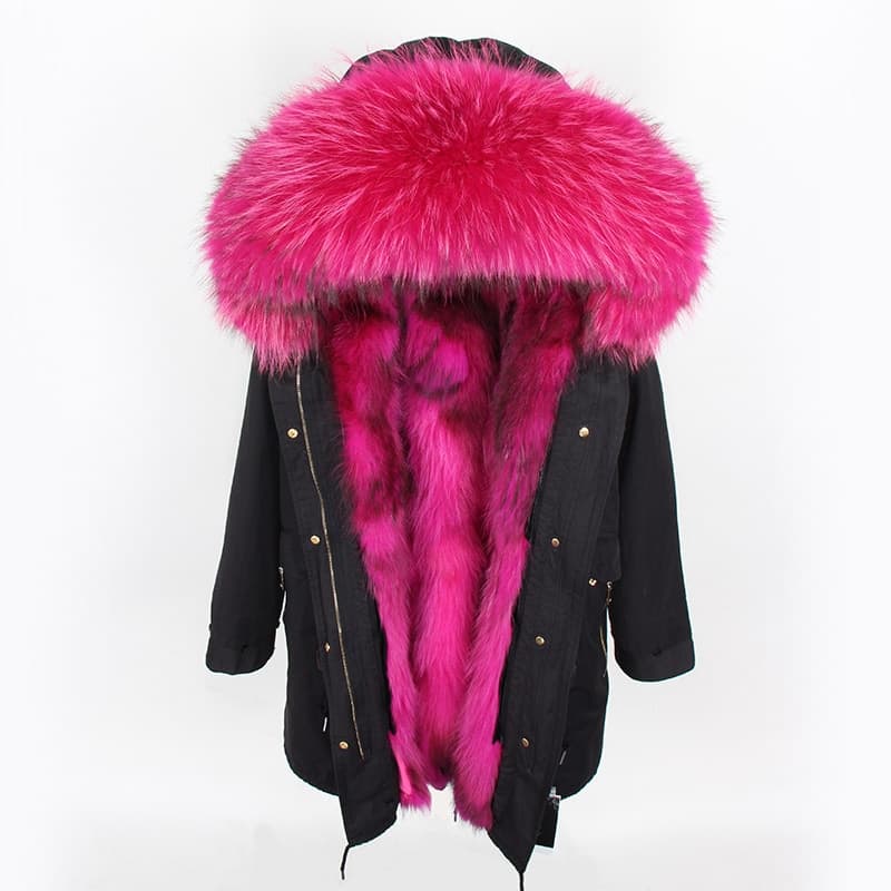 New Women Natural Fur Lining Parka Jacket Coat Real Fur Coat Winter Jacket Women Natural Raccoon Fur Collar Warm Thick Parkas