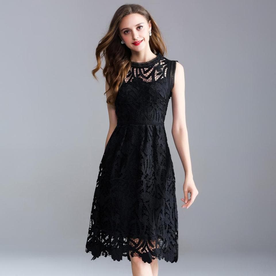 Women Openwork Embroidery Dress Lace A Word Summer European And American Large Size Women Solid Colour Sleeveless – view 4