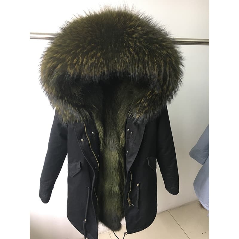New Women Natural Fur Lining Parka Jacket Coat Real Fur Coat Winter Jacket Women Natural Raccoon Fur Collar Warm Thick Parkas