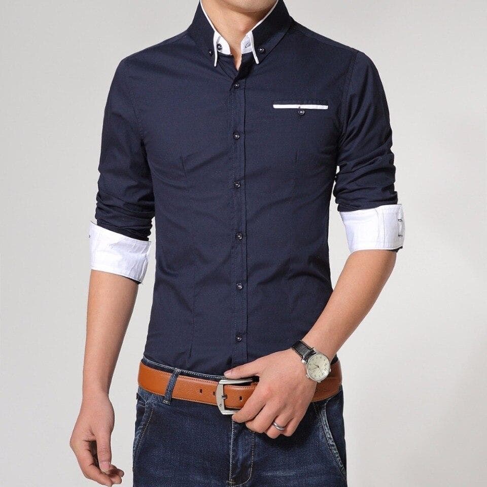 Men Autumn Dress Shirts Fashion Pure Color Man Long Sleeve Cotton Slim Fit Leisure Styles Business Shirt