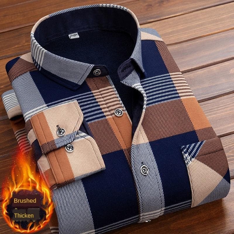 Spring Winter Men Long Sleeve Plaid Dress Shirt Flannel Fur Lined Thick Work Shirts Fleece Warm Long Sleeve Shirt For Men Dress Shirts