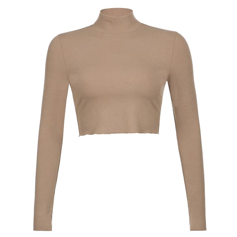 Women Solid Turtleneck Cropped T Shirt Autumn Casual Long Sleeve T shirt Ladies Skinny Basic Shirt