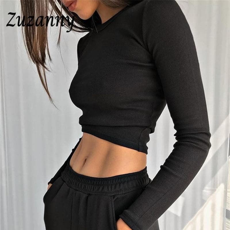 Women O Neck Long Sleeve Shirt Ribbed Sexy Cropped Tops Spring Black Casual Skinny Slim Basic Woman T Shirts White