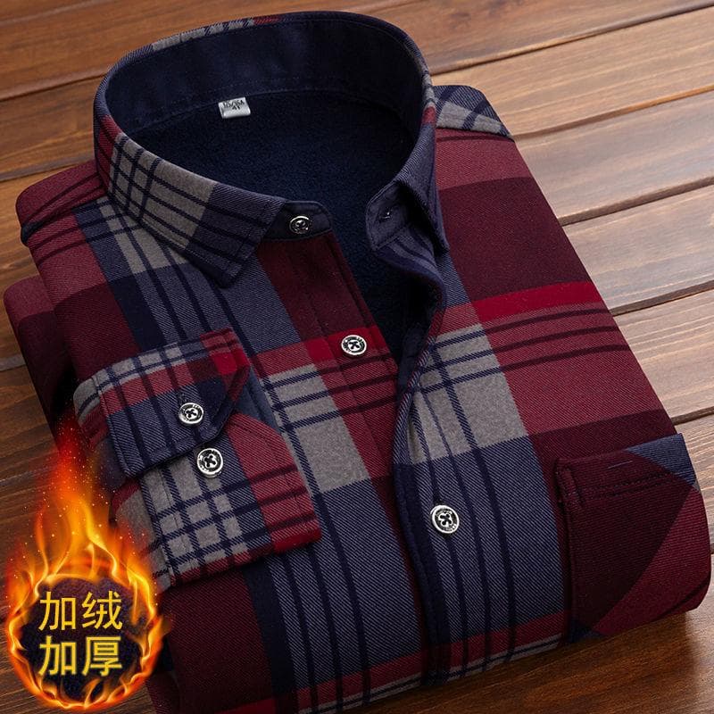 Spring Winter Men Long Sleeve Plaid Dress Shirt Flannel Fur Lined Thick Work Shirts Fleece Warm Long Sleeve Shirt For Men Dress Shirts