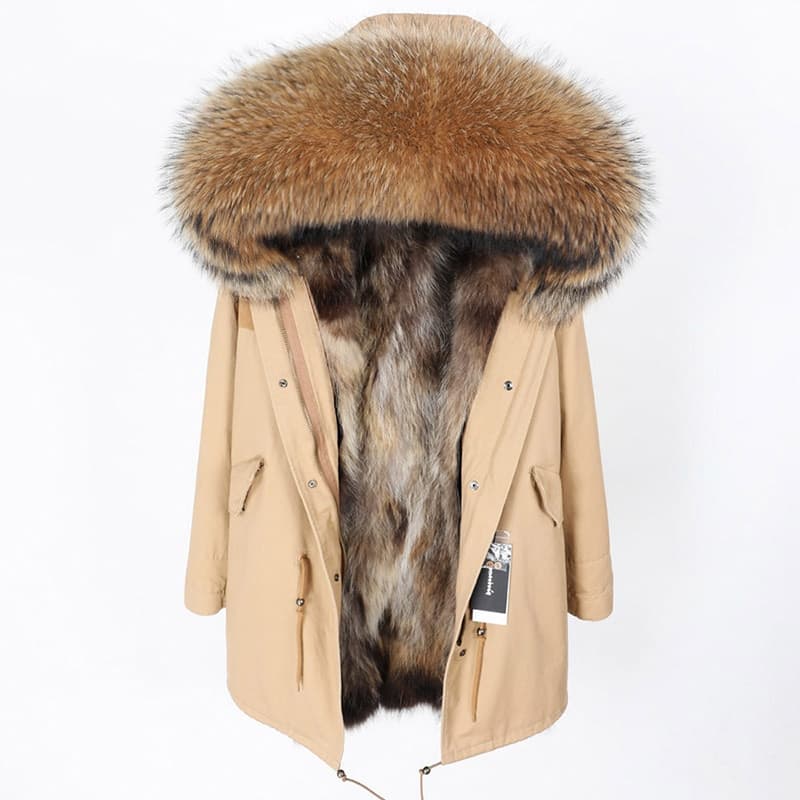 New Women Natural Fur Lining Parka Jacket Coat Real Fur Coat Winter Jacket Women Natural Raccoon Fur Collar Warm Thick Parkas