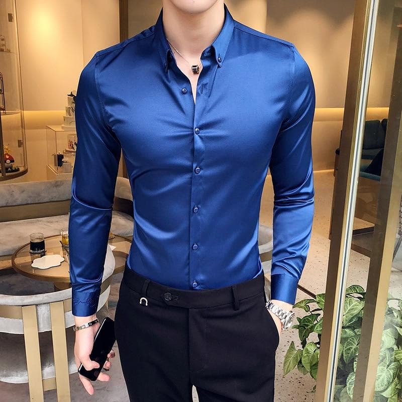 Neckline Embroidery Men Dress Shirt Long Sleeve Casual Slim Fit Men Dress Shirts Solid Color Formal Business Social Clothing Blouse