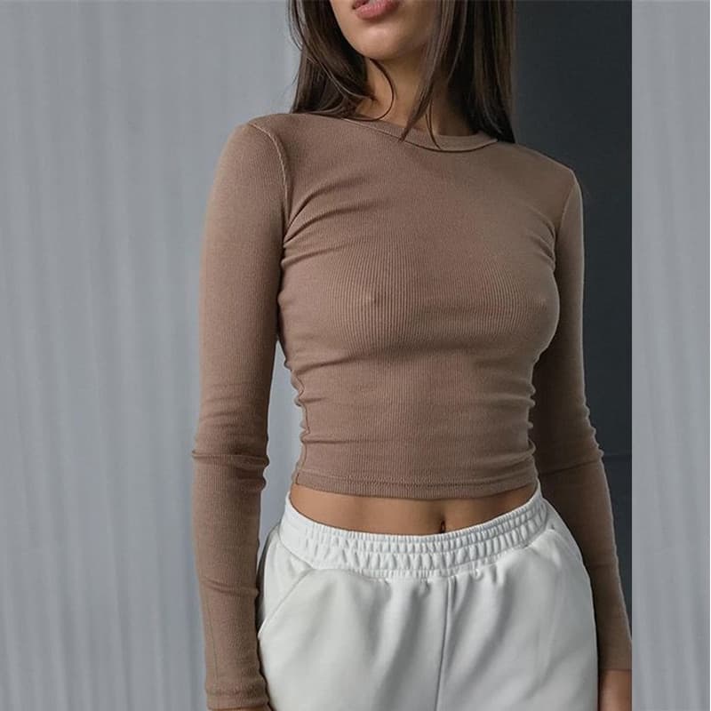 Women O Neck Long Sleeve Shirt Ribbed Sexy Cropped Tops Spring Black Casual Skinny Slim Basic Woman T Shirts White