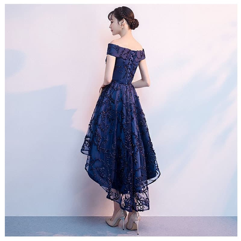 Women Boat Neck Off Shoulder Dress Sexy Heavy Beaded Evening Dress Fashion Short Front Long Back Criss Cross Formal Dress – view 2