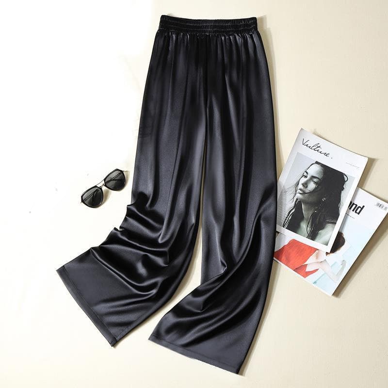 New Women Summer Wide Leg Pants High Waist Casual Trousers Streetwear Black Silk Satin Pants Elegant Long Palazzo Pants