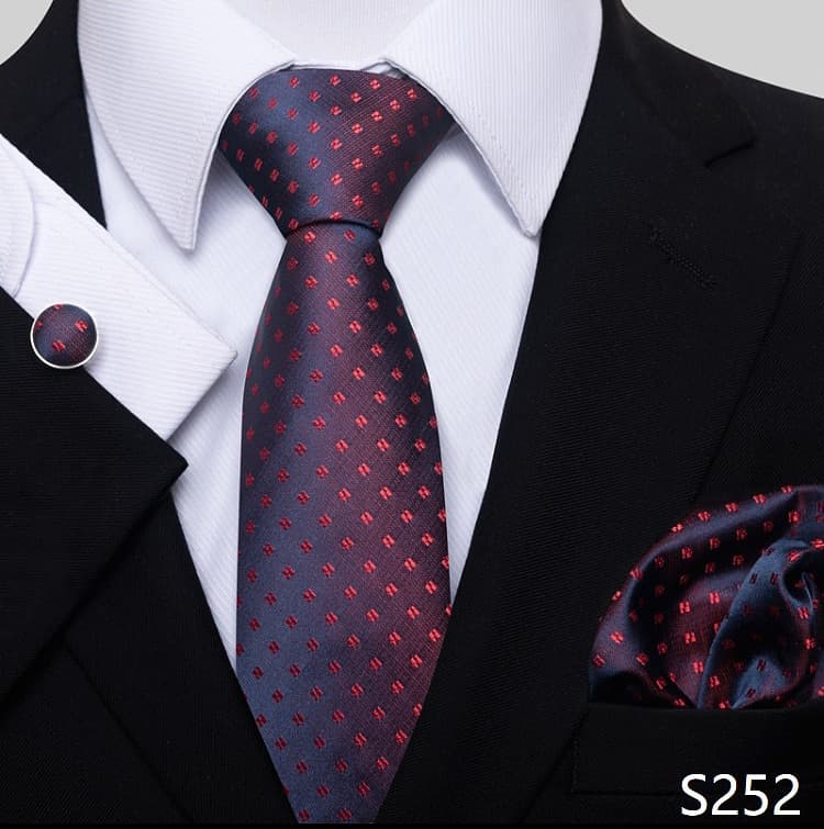 New Men Holiday Present Tie Fashion Style Pocket Squares Cufflink Set Necktie Man Dark Blue Wedding Accessories Office Cravat