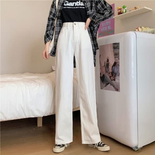 New Women White Casual Jeans Autumn Korean Style All-match Loose High Waist Female Wide Leg Denim Pants T012