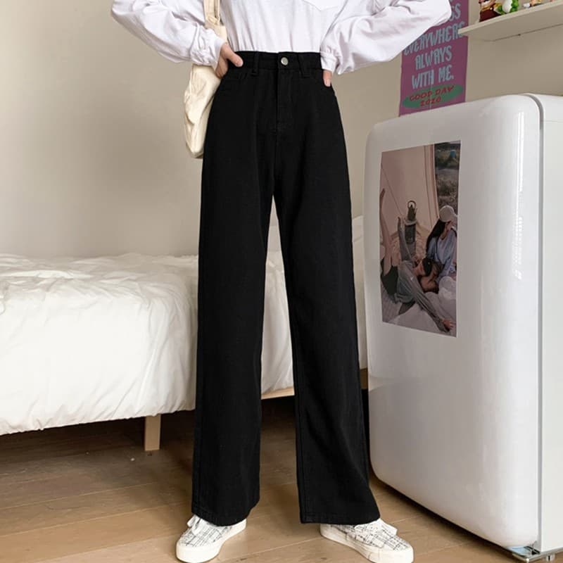 New Women White Casual Jeans Autumn Korean Style All-match Loose High Waist Female Wide Leg Denim Pants T012
