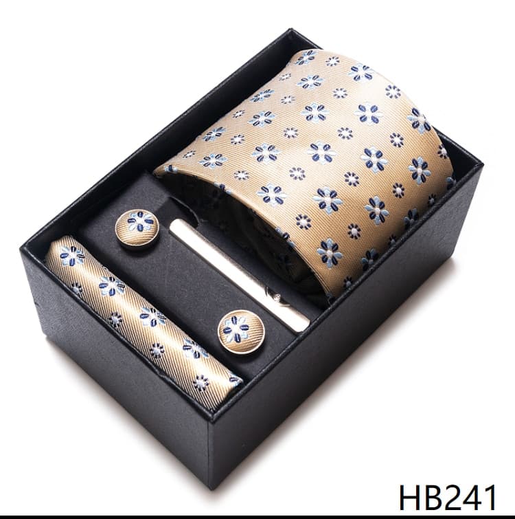 New Men Silk Business Tie Set Brand Tie Handkerchief Cufflink Set Necktie Holiday Gift Box Man Blue Gold Suit Accessories Slim Cravat Wedding Gravatas