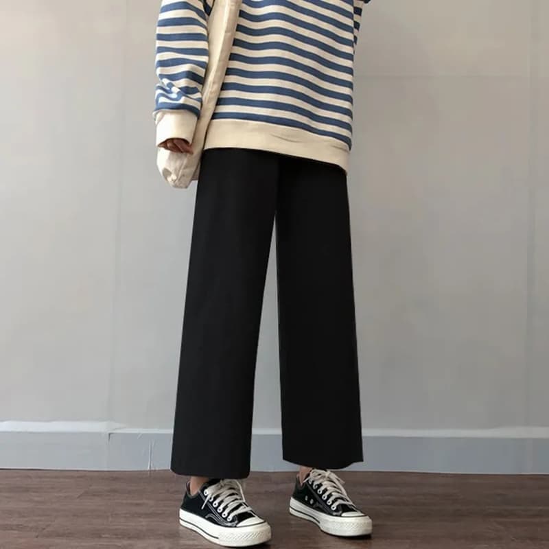 New Women Casual Pants Spring Summer Ankle-length Loose Wide Leg Elastic High Waist Oversize Black Simple Comfortable Elegant Ladies