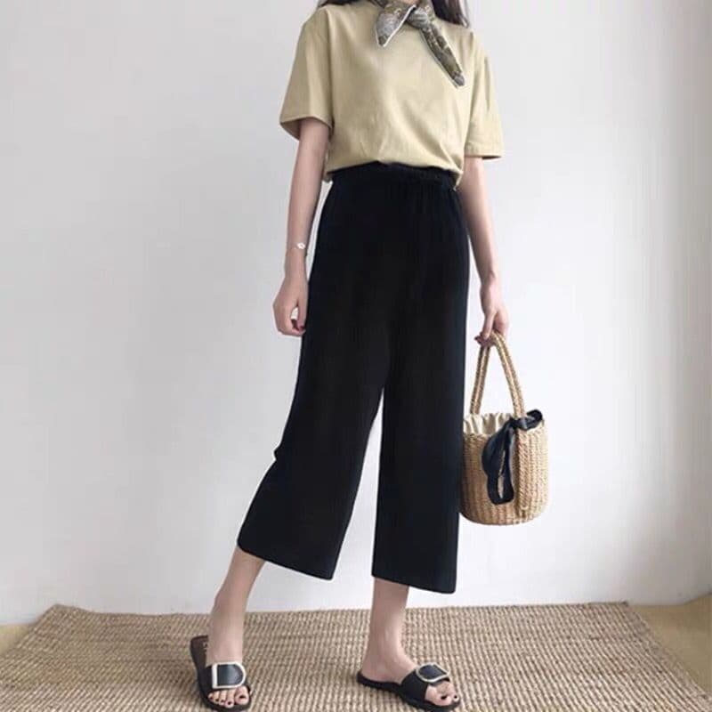 New Women Casual Pants Spring Summer Ankle-length Loose Wide Leg Elastic High Waist Oversize Black Simple Comfortable Elegant Ladies