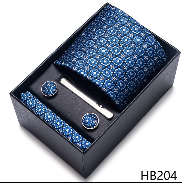 New Men Silk Business Tie Set Brand Tie Handkerchief Cufflink Set Necktie Holiday Gift Box Man Blue Gold Suit Accessories Slim Cravat Wedding Gravatas