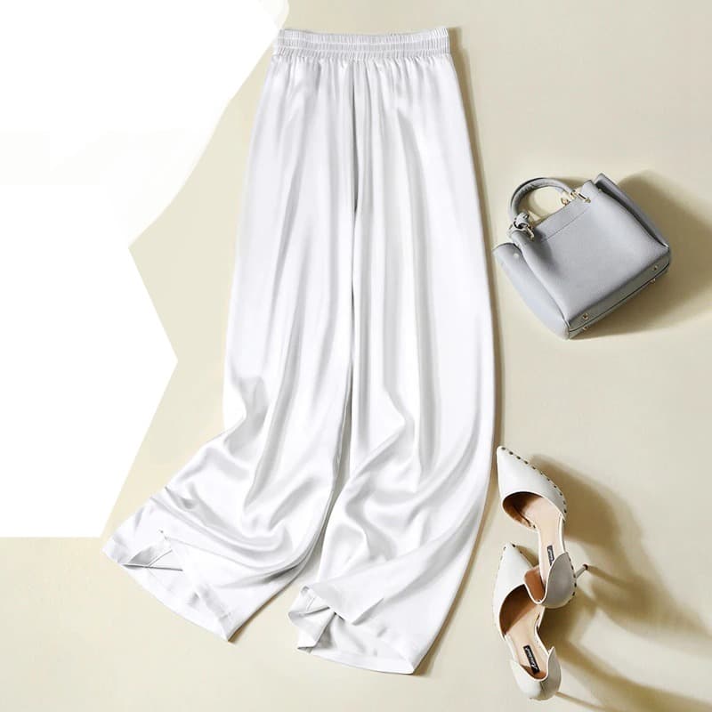 New Women Summer Wide Leg Pants High Waist Casual Trousers Streetwear Black Silk Satin Pants Elegant Long Palazzo Pants